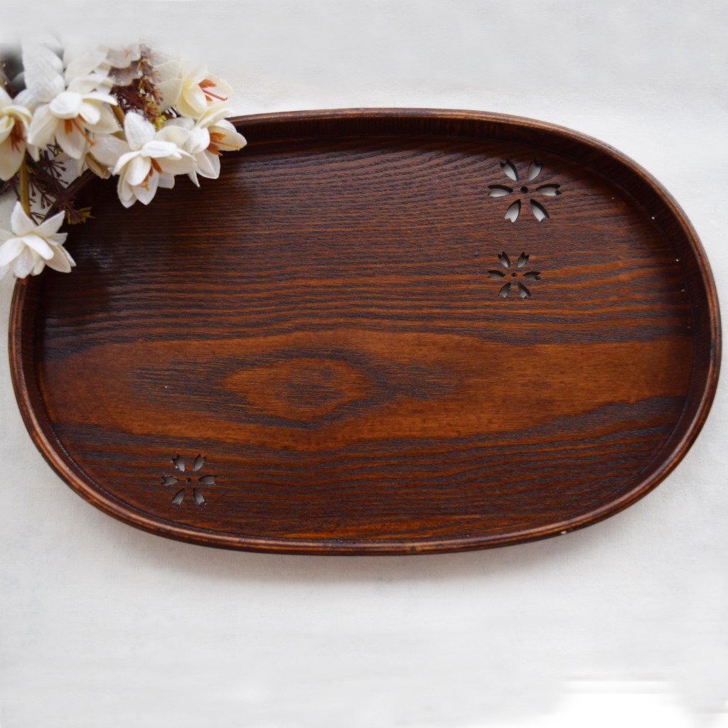 日式簡約橢圓款茶盤櫻花木盤創意托盤鏤空水果點心盤餐具